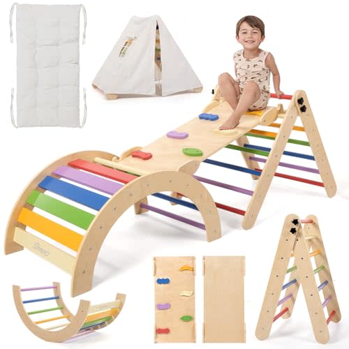 Pikler Triangle Set with Cushion, 8-in-1 Toddler Climbing Toys Indoor, Wooden Montessori Climbing Set with Arch Ramp,Ladder&Tent Cloth, Baby Indoor Climber Jungle Gyms for Toddlers Toy, Rainbow