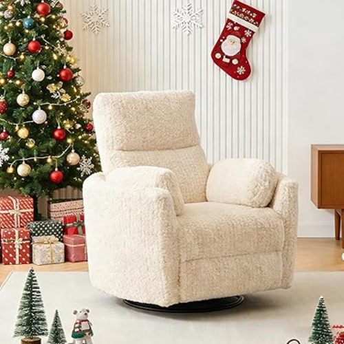 Swivel Glider Recliner, Boucle Upholstery Recliner with 2 Pillow, Nursery Glider Rocker Chair, Power Reclining Sofa Chair for Living Room/Office/Apartment/Off-White