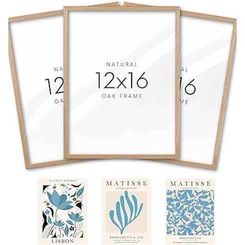KensTro 12x16 Set of 3 Natural Oak Wood Picture Frame with 3 Blue Prints,12x16 Minimalist Natural Solid Wooden Picture Frames for 12"x16" Posters,Wall Art,Photos,Prints,Paintings