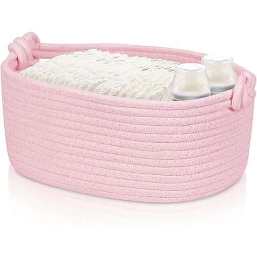 GLCON Pink Rope Basket for Organization and Storage - Small Dog Cat Toy Box - Empty Gift Basket - Baby Nursery Bin - Woven Baskets for Gifting, Toys, Towels, Snacks, Diapers