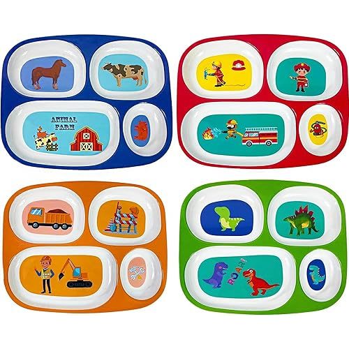 4E's Novelty Set of 4 Melamine Dinner Plates for Kids Boys - Divided Plates for Picky Eater, BPA Free, Toddler Eating Essentials, Boy Dinnerware Set