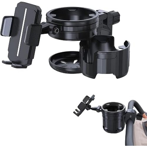 3-in-1 Universal Stroller Cup Holder, 360° Rotatable Phone Holder with Adjustable Single/Double Cup, Fits Most Baby Strollers, Bicycles,Wheelchairs, Shopping Carts, Safe and Stable, Black