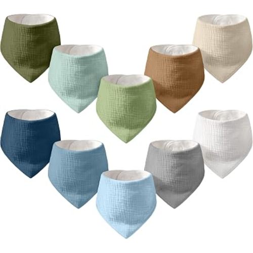 10-Pack Muslin Baby Bandana Bibs | Super Absorbent Cotton Drool Bibs, Nickel-Free Snaps, Teething & Registry Gift for Newborn Boys Girls 0-36 Months Green Blue Brown