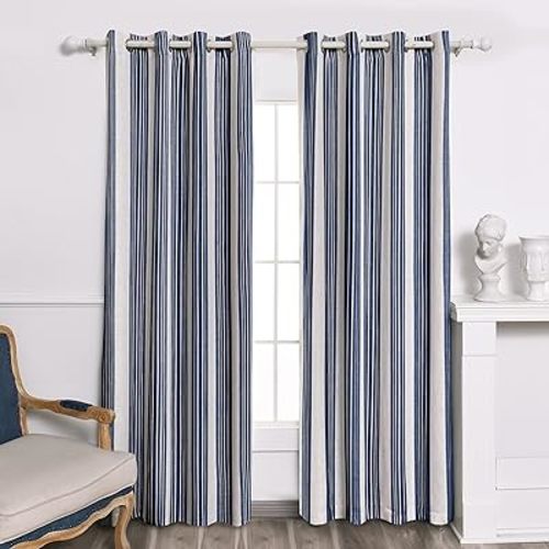 DriftAway Chris Linen Blackout Curtains with Thermal and Sound Reducing Layer 84 Inches Long for Bedroom Striped Printed Drapes Thermal Insulated Lined Window Treatments for Living Room Dark Blue