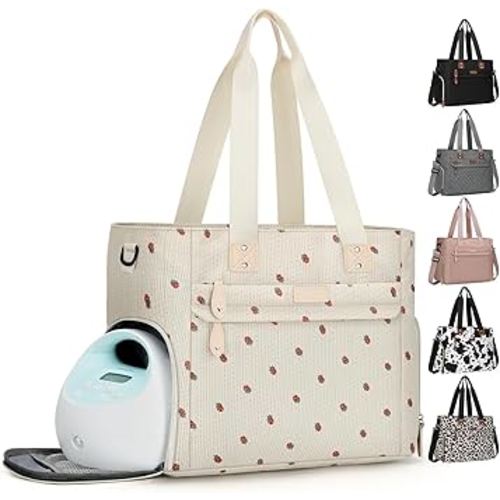 Large Travel Diaper Bag Tote with 14 Inch Laptop Sleeve, Breast Pump Bag for Mom and Dad, Mommy Maternity Travel Baby Bag for Boys and Girls, Strawberry