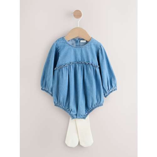 Denim Blue Baby Bloomer Rompers Set 2 Piece with Tights (0mths-3yrs)