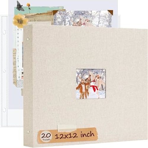 12x12 Inch Large Scrapbook Photo Album, 3 Ring Binder- Beige