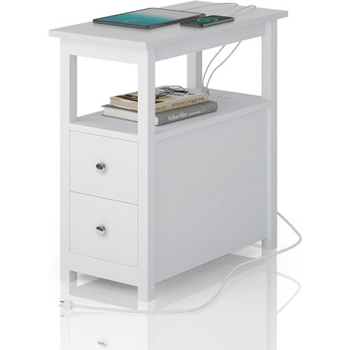 End Table with Charging Station, Side Table with 2 Drawer & USB Ports & Power Outlets, Nightstand for Small Spaces, Bedside Tables for Living Room White