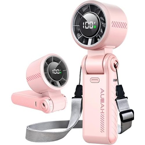 Portable Handheld Turbo Fan - 5 Speed Mini Personal Fan with Strong Airflow, Foldable 3 in 1 Rechargeable Battery Operated Trave Essentials Hand Fans for Indoor/Outdoor Use, Pink