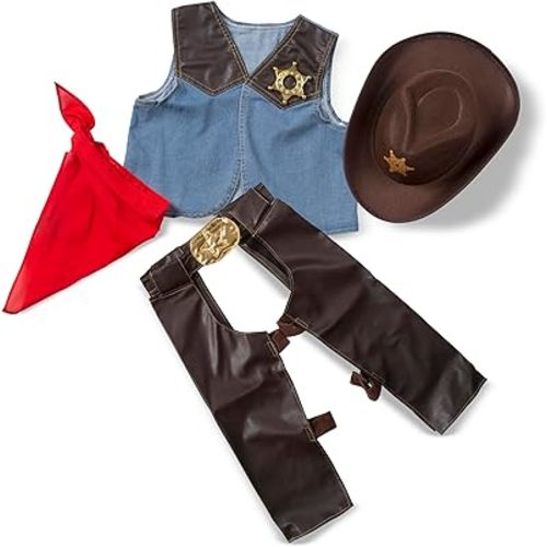 Melissa & Doug Cowboy Role Play Costume Set (5 pcs) - Includes Faux Leather Chaps - Cowboy Dress-Up Role Play Costume with Vest for Boys and Girls