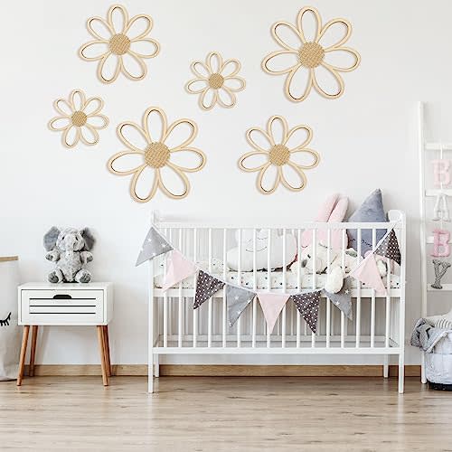 Thyle 6 Pcs Daisy Wall Decor Wooden Daisy Wall Sculptures Art Flowers Signs Hanging Plaque for Home Nursery Bedroom Farmhouse Bathroom Decorations Housewarming Gifts(Wood Color)