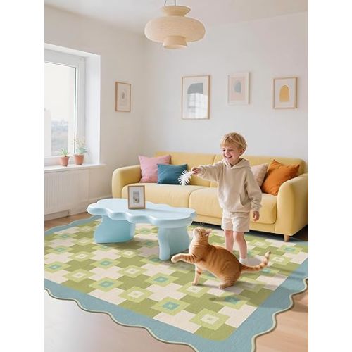 GENIMO Scalloped Rug 8x10, Modern Bedroom Irregular Area Rugs, Minimalist Geometric Carpet, Machine Washable Non Slip Nursery Rug, Soft Low Pile Design for Stylish Family Interiors, Green