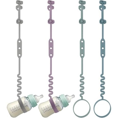 Baby Bottle and Sippy Cup Straps - Adjustable Straps Attach with Strollers, High Chair, Shopping Cart - Food Grade Silicone - Dishwasher Safe (4 Packs, Color 1)
