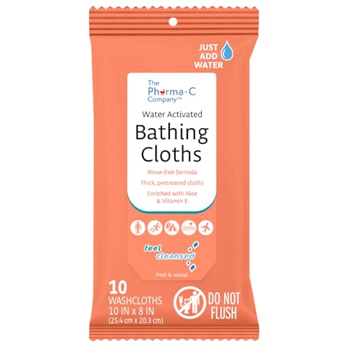 The Pharma-C Company Water-Activated Bathing Cloths [10 cloths] – Rinse-Free XL Body Wipes for Adults. Pretreated Disposable Bath Wipe for Elderly, Hospice, Camping