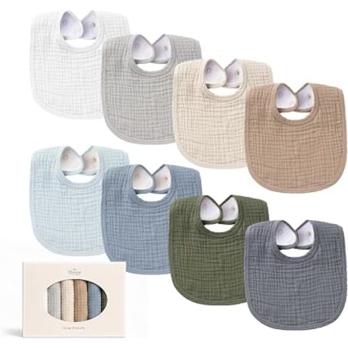 Konssy 8-Pack Muslin Baby Bibs, Adjustable Fit for Drooling and Teething