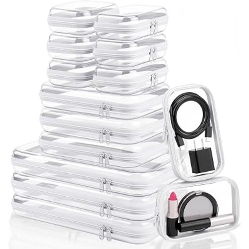 15 Pack Clear Hard Shell Zipper Case with 40 Labels, X-Large/Medium/Small Stackable Clear Pouches, Crush-resistant Travel Toiletry Bag Organizer for Makeup Board Games Electronics (White)