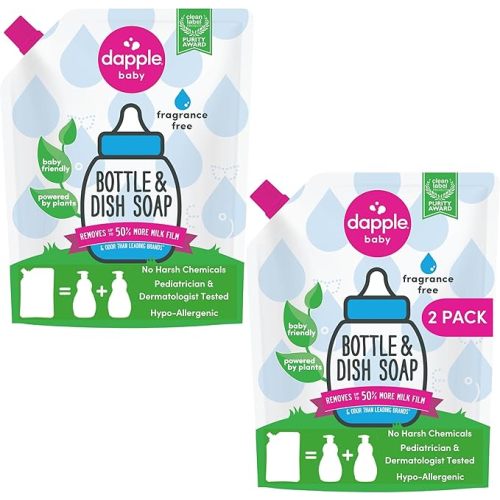 Dapple Baby Bottle Soap, Hypoallergenic Dish Soap for Baby Bottles, Powered by Plants, 1 Pump Included, Packaging May Vary, Fragrance Free, 16.9 Fl Oz (Pack of 3)