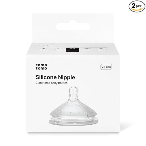 Comotomo Silicone Replacement Nipples for Baby Bottle Gen 2 (2026 Release) - Soft, Silicone Nipples with Dual Anti-Colic Vents Designed for Natural Latch (Pack of 2), Medium Flow (3-6 Months)