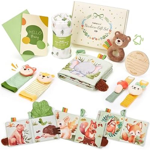 hahaland 9-in-1 Baby Shower Gifts for Boys & Girls with Swaddle Blanket, Infant Rattle Socks & Wristband Set, Crinkle Baby Books, Plush Rattle Toys, Wooden Milestone & Greeting Card, 0-12 Months Baby Sensory Toy Easter Gift Set