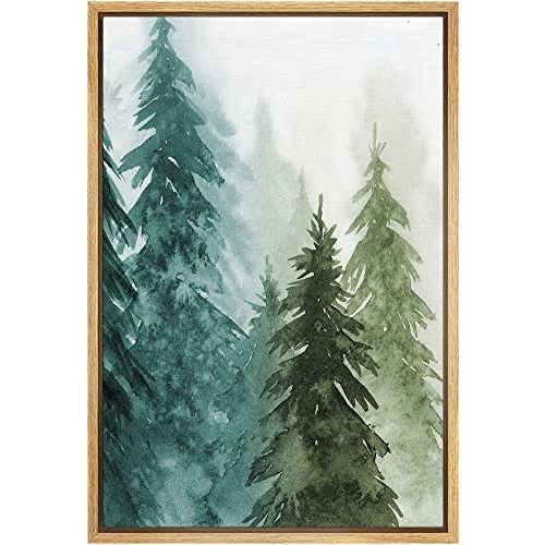 SIGNWIN Framed Canvas Print Wall Art Woodland Nursery Decor Green & Teal Watercolor Forest Pine Trees Floral Nature Illustrations Modern Chic Multicolor for Living Room, Bedroom, Office - 16"x24"