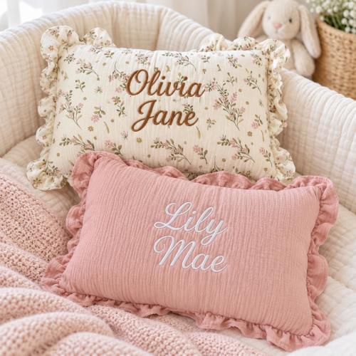 Custom Embroidered Baby Name Pillow, Personalized Ruffle Nursery Cushion, Kids Nursery Decor Pillow, Baby Room Decor, Newborn Gift