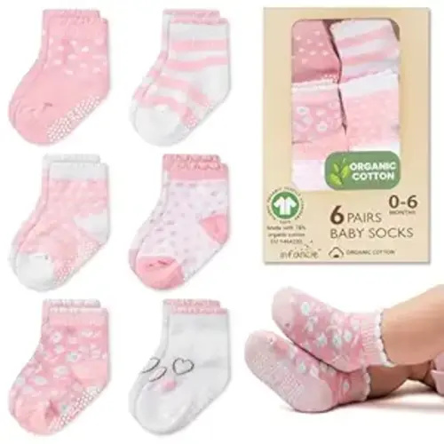 GOTS Certified Organic Cotton Baby Socks 6 Pairs For 0-6 (M) Newborn Girls Soft, Stretchable & Breathable Infant Socks, Cute Little Girls Socks, Baby Registry Essential, Pink