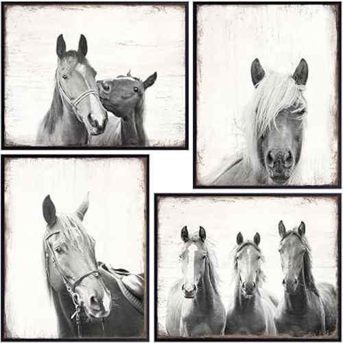 Horse Wall Art Farmhouse Decor - Rustic Farmhouse Style Boho-chic Country Western Bedroom Home Decor Set - Vintage Art Posters for Women, Woman, Girl, Teen, Cowgirl - Retro style Horses Wall Art print