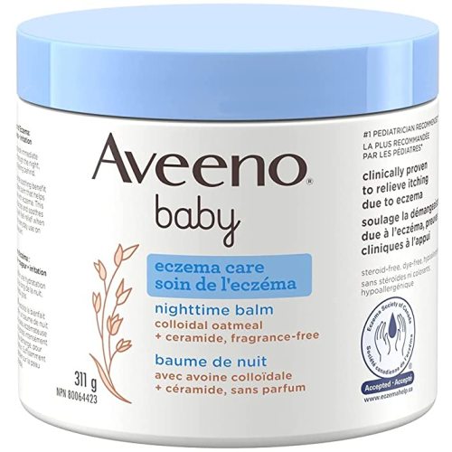 Aveeno – Baume hydratant de nuit pour bébé, flocons d’avoine colloïdale et céramide, traitement de peau sèche et démangeaisons dues à l’eczéma, hypoallergénique, sans parfum et sans stéroïdes, 311 g