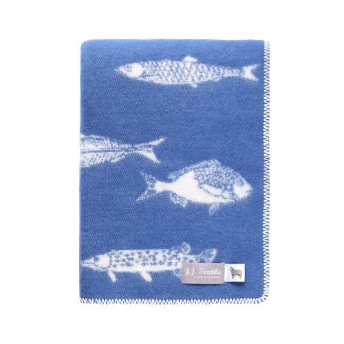 Fish Wool Blanket | Blue and Off White Throw for Chair, Bed and Sofa
