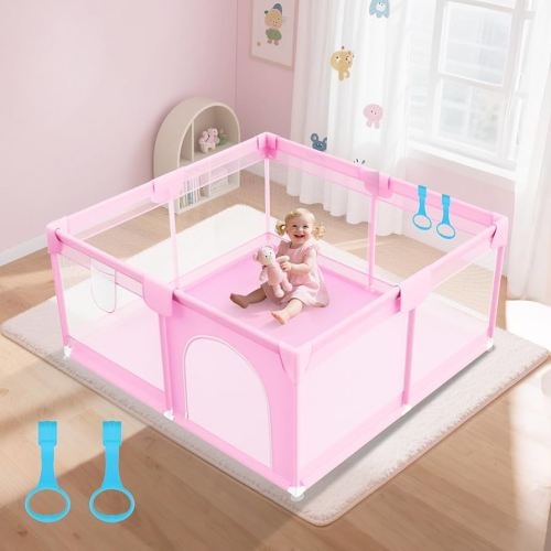 Small Baby Playpen 47"x47" - Play Pens for Babies and Toddlers with 2 Pull Rings - Sturdy Safety Baby Fence Play Area with Breathable Mesh for Indoor & Outdoor, Pink