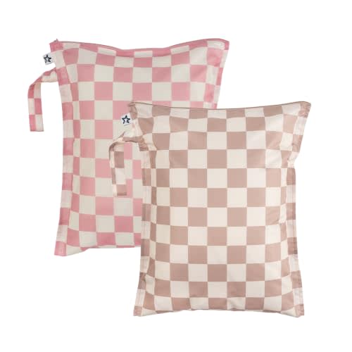 Tiny Twinkle Mess Proof Wet Bags | 2-Pack Reusable Waterproof Wet Bags for Swimsuits | Baby Clothes | Travel & Diaper Bag (Pink, Brown Checkers)