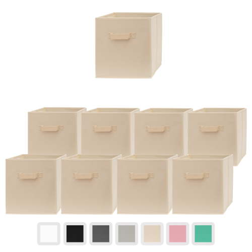 Pomatree 11 Inch Strong and Foldable Cloth Box Storage Bins - 9 Pack Beige Cube Organizer Containers