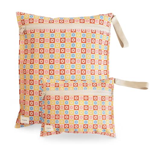 mushie Water Resistant Wet Bags | Large & Small Reusable Storage Bag for Baby Items and Travel | Zippered Pockets with Handle | Machine Washable, Set of 2 (Happy Flowers Check)