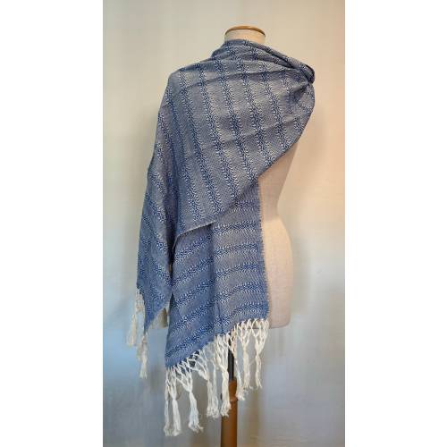 Mexican Rebozo: Cotton Blue Natural White Midwife Gift Shawl Wrap Doula (2 Metros Meters) Labrado