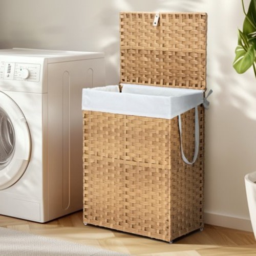 Bestier Laundry Basket with Lid, 90 L Hand-Woven Rattan Laundry Hamper with Compartments & Handles, Foldable, Removable Liner