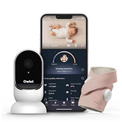 Owlet Dream Duo - Smart Portable Video Baby Monitor - HD Video Camera + Sock With Heart Rate, AVG Oxygen Tracker - Dusty Rose