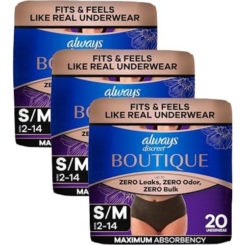 Always Discreet Boutique Incontinence and Postpartum Underwear for Women, Maximum Protection, Small/Medium, Black, 20 Count (Pack of 3)