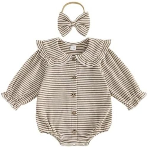 Newborn Baby Girl Waffle Romper Striped Peter Pan Collar Long Sleeve Button Up Bodysuit Cute Fall Outfit 0 3 6 12 18M