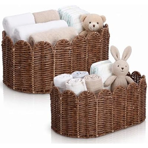 Domensi 2 Pcs Scalloped Basket Set of 2, 16x10x7in Storage Basket, Mocca