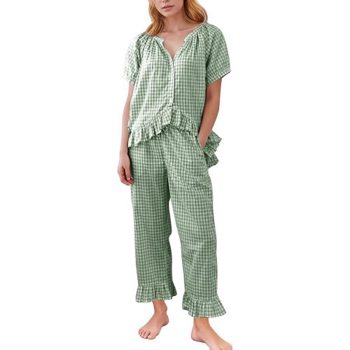 Flygo Womens Plaid 2 Piece Pajamas Sets Cotton Ruffle Lounge Sleepwear Pjs | Button Down Short Puff Sleeve Babydoll Shirt, Wide Leg Elastic Waist Drawstring Pants with Pockets, Y2K Gingham Matching Sets