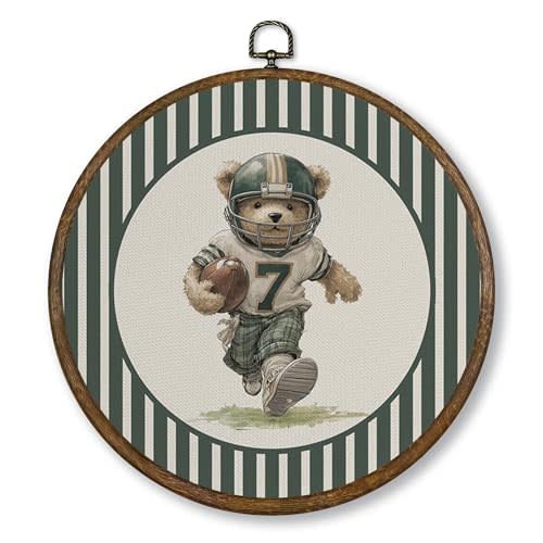 Qskjre Vintage Cute Bear Football Nursery Wall Art Decor, Green Striped American Football Sport Round Wood Framed Canvas Wall Artwork, Trendy Hanging Prints for Boys Room Playroom Decoration, 10x10in