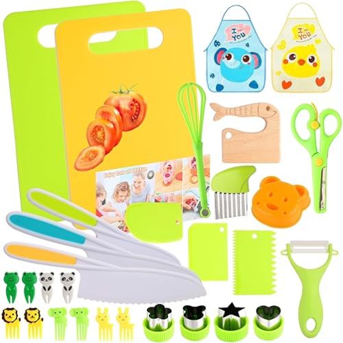 Kids Montessori Cooking Kitchen Toys and Toddler Knife Set - 30Pcs Kids Knifes for Real Cooking and Baking Accessories ,Toddlers Kitchen Tools Ages 3-10 Kids Birthday (30 PCS)