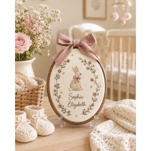 Personalized Baby Name Embroidery Hoop, Bunny Nursery Wall Art, Custom Newborn Keepsake, Floral Rabbit Baby Shower Gift