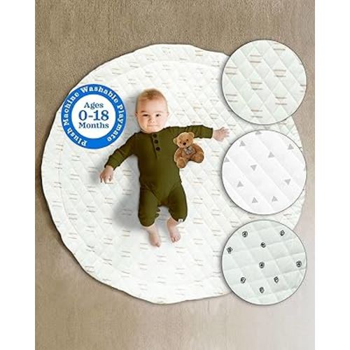 Poppyseed Play Quilted Soft Padded Baby Play Mat Round Infant Floor Mat – Machine Washable Tummy Time Mat for Crawling, Playroom or Nursery – Beige Cushioned Activity Pad for Newborns