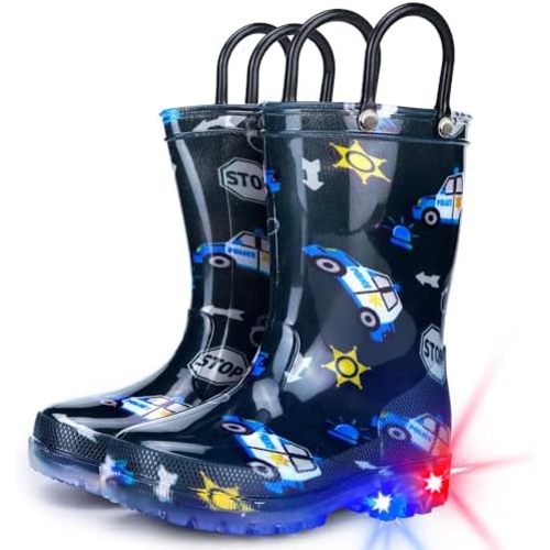 Funspread Toddler Rain Boots Boys Rain Boots - Patterns Light Up Kids Rain Boots with Easy-On Handles Lightwight Waterproof Rain Shoes (Toddler/Little/Big kids)