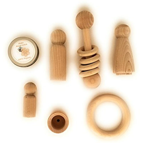 Montessori style infant toy bag, organic wood toys, sensory, teething & grasping ring, rattle, peg family, organic wood polish