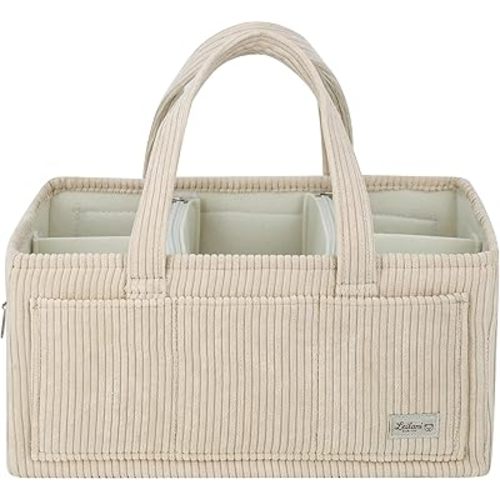 Diaper Caddy Organizer, Beige Corduroy Nursery Storage Basket with Removable Dividers and Handles, Portable Baby Essentials Organizer