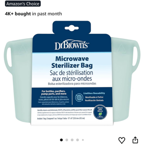 Dr. Brown's Microwave Steam Sterilizer Bag for Baby Bottles, Breast Pump Parts & Other Toddler Accessories, 100% Silicone, Reusable Sterilizing Bag