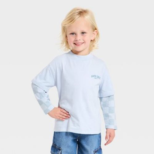 Toddler Boys' Checkered Oversized 2-Fer Long Sleeve T-Shirt - Cat & Jack™ Blue 2T