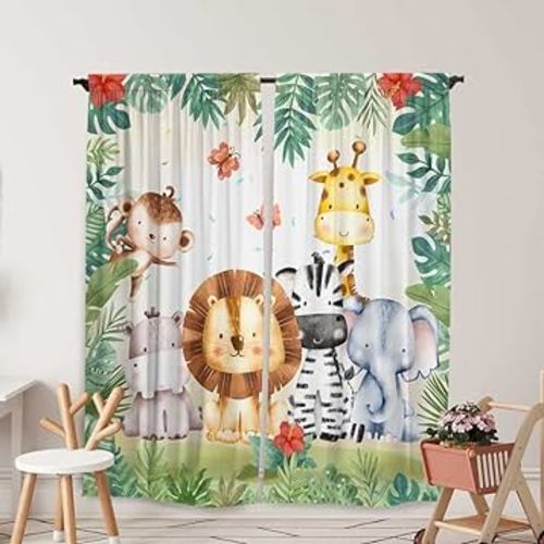 Jungle Safari Window Curtains for Kids Boys Girls Watercolor Cartoon Forest Animals Baby Living Room Bedroom Nursery Toddler Rod Pocket Drapes Home Party Decor Durable Fabric 84 in x 84 in
